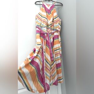 Linen Blend Sundress New York & Co Multi Stripe Halter Flare Dress Size XXL NWOT